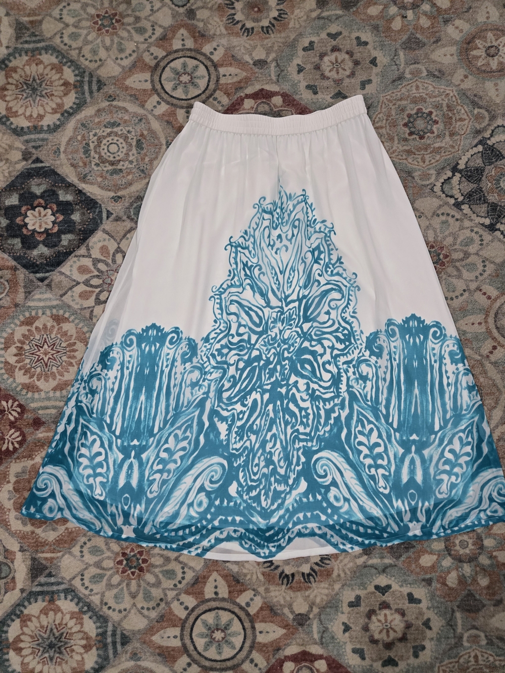 Soft Surroundings White Maxi Skirt with Teal Damask Print Large - Picture 5 of 5